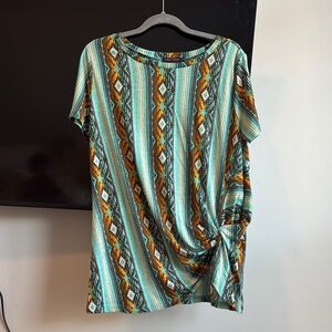 Crazy Train Teal and Brown Patterned Twist Front Top